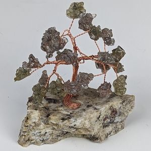 Prosperity Tree Art Stone & Copper Wire Bonsai On Granite Smoky Quartz